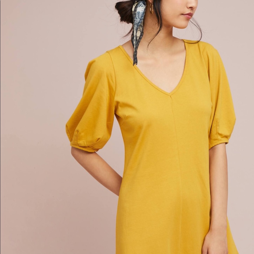 Velvet for Anthropologie. Yellow, Front-Seamed Dress with Puff Sleeves